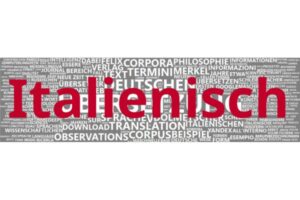 Eine Wortwolke für die Sprache Italienisch, die auf einem Korpus veröffentlichter Aufsätze von Kolleg*innen aus dem Arbeitsbereich sowie teils aus Hausarbeiten und Abschlussarbeiten. Die Größe eines Worts entspricht dabei der Häufigkeit des Wortes im Korpus - je größer es ist, desto häufiger kommt es vor.