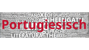 Eine Wortwolke für die Sprache Portugiesisch, die auf einem Korpus veröffentlichter Aufsätze von Kolleg*innen aus dem Arbeitsbereich sowie teils aus Hausarbeiten und Abschlussarbeiten. Die Größe eines Worts entspricht dabei der Häufigkeit des Wortes im Korpus - je größer es ist, desto häufiger kommt es vor.